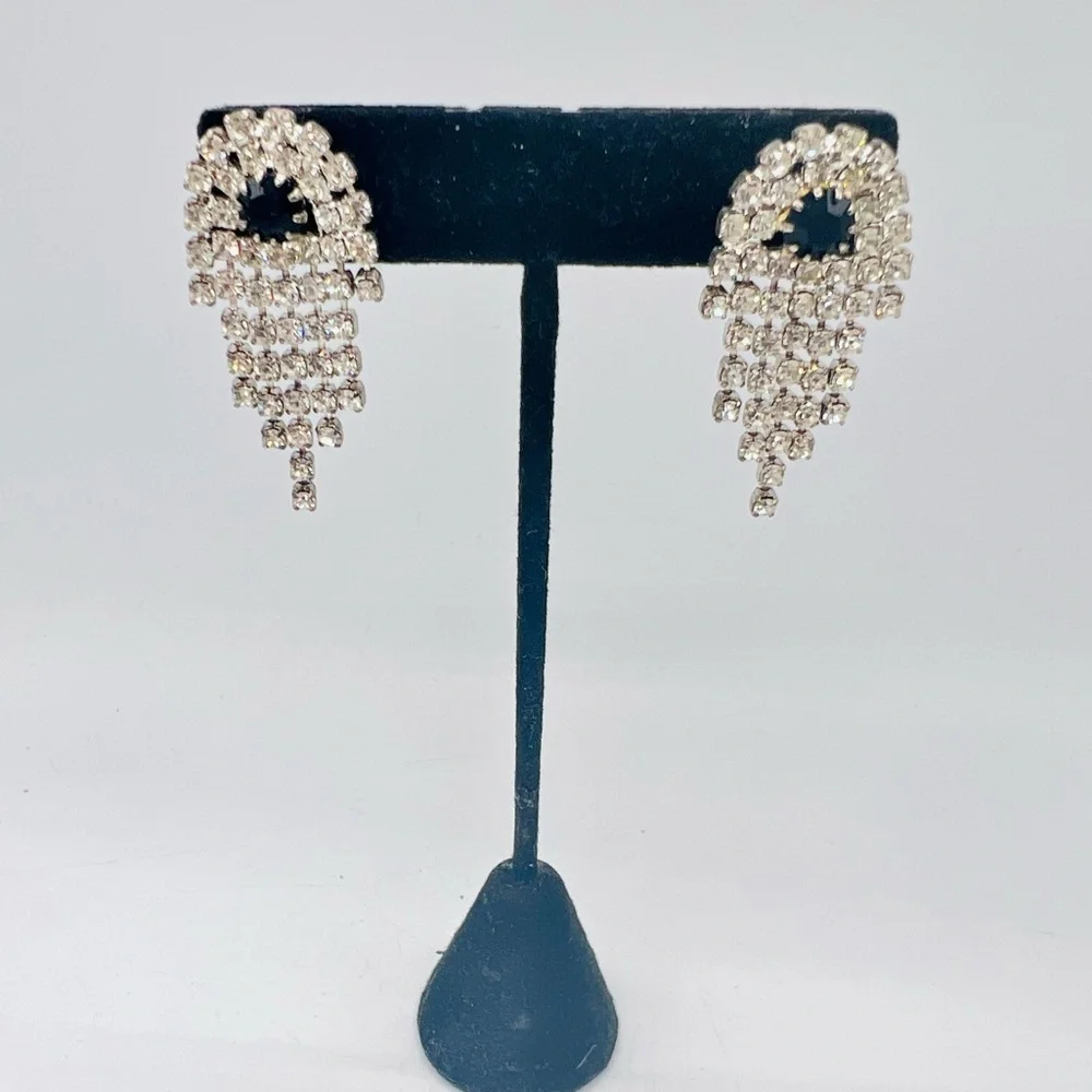 Vintage silver rhinestone fringe pierced earrings black accent dangles unique